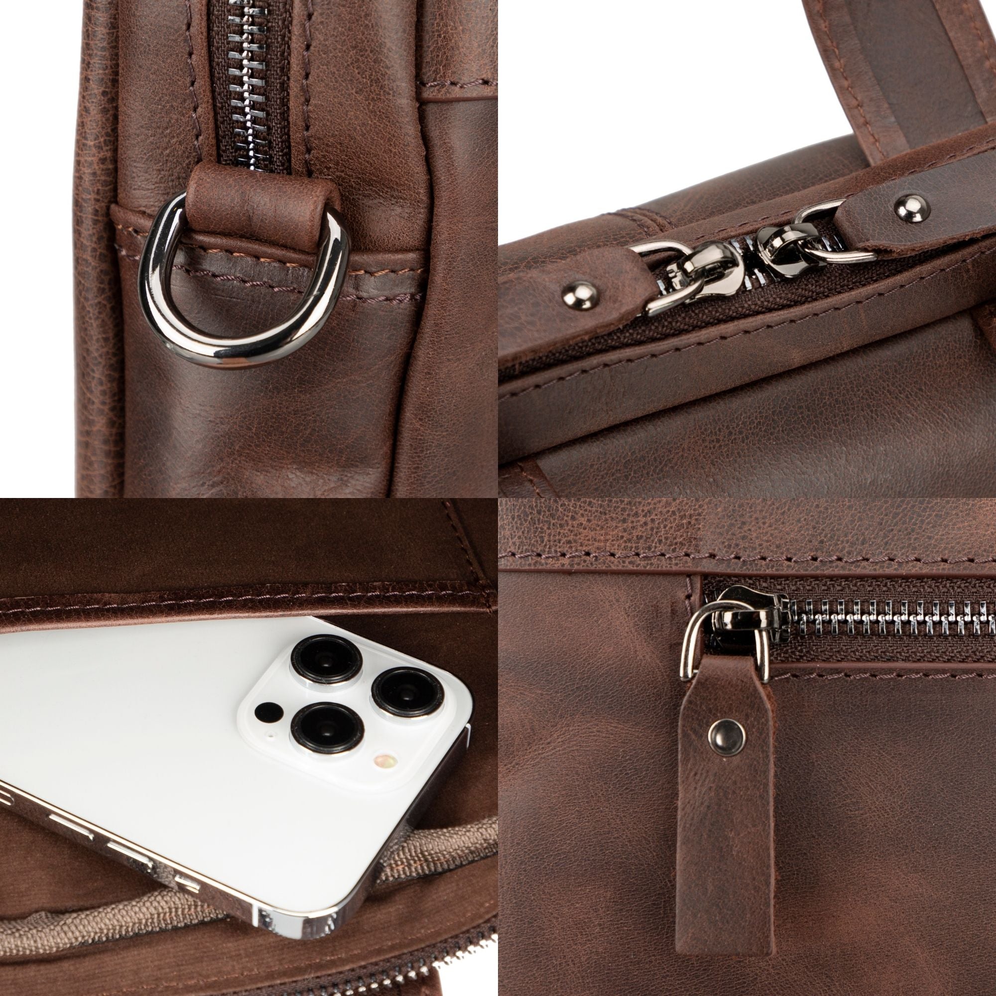 Afton MacBook Leather Sleeve and Bag showcasing genuine leather craftsmanship with adjustable shoulder strap and zippered compartments.